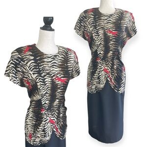 Vintage 80s Does 40s Animal Print Justine Peplum Structured Dress Midi Size 4 6